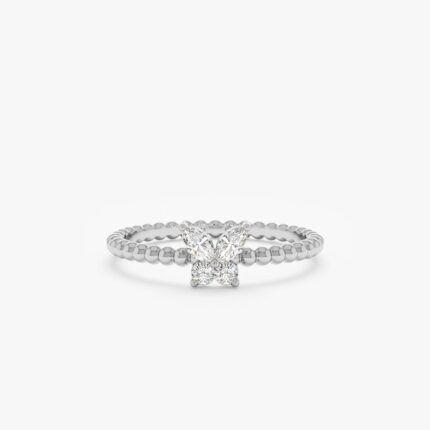 14K Solid Gold Beaded Natural Diamond Butterfly Ring
