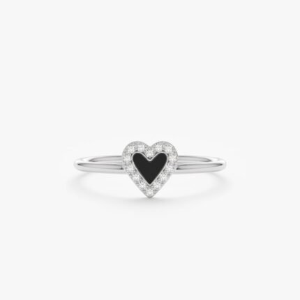 14K Solid Gold Natural Diamond & Black Enamel Heart Ring