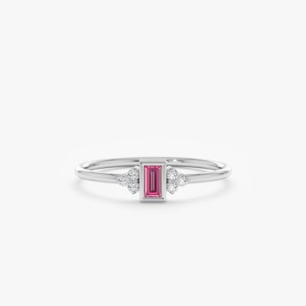 14K Solid Gold Diamond and Baguette Pink Sapphire Ring
