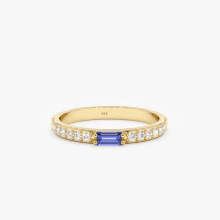 14K Solid Gold Natural Diamond and Baguette Tanzanite Ring