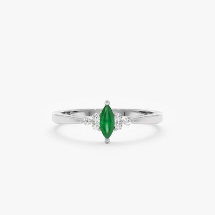 14K Solid Gold Diamond and Marquise Emerald Ring