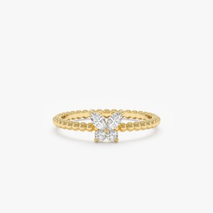 14K Solid Gold Beaded Natural Diamond Butterfly Ring