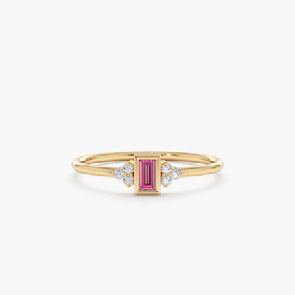14K Solid Gold Diamond and Baguette Pink Sapphire Ring
