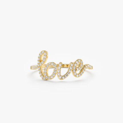 14K Solid Gold Natural Diamond Cursive Love Ring