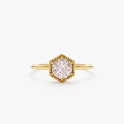 14K Solid Gold Hexagon Rose Quartz Ring