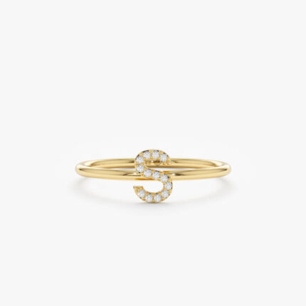 14K Solid Gold Mini Natural Diamond Initial Ring