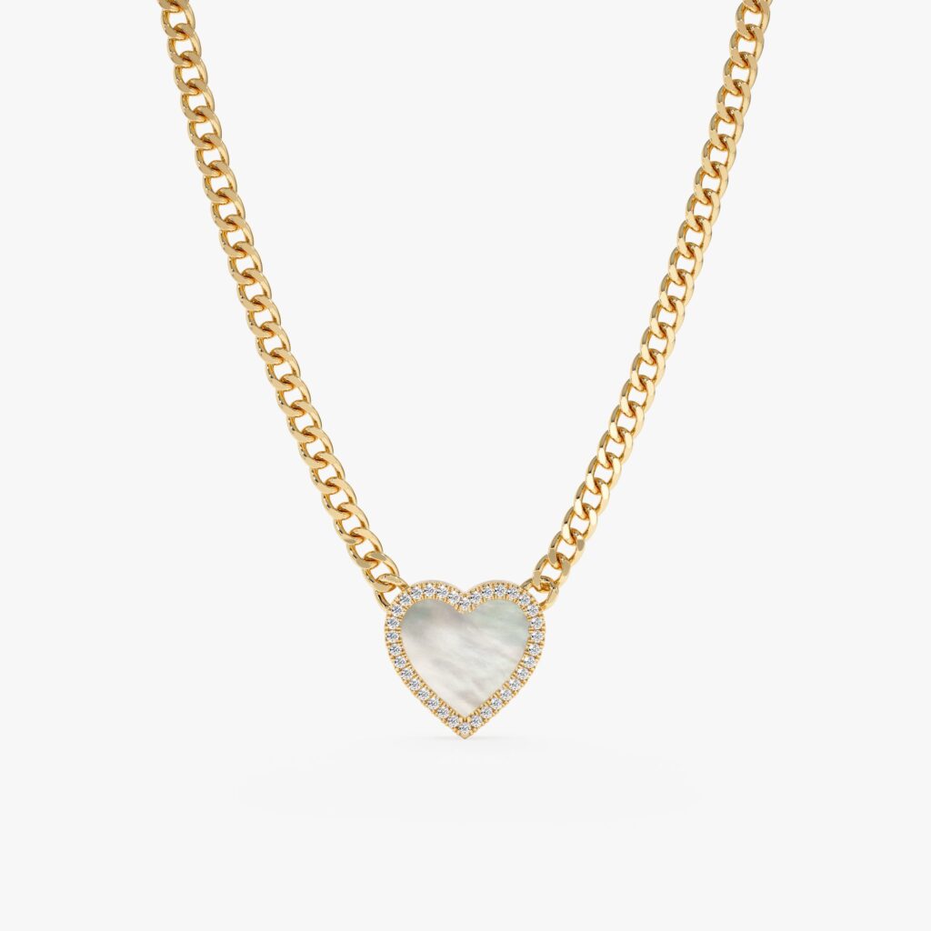 Pearl Heart & Diamond Cuban Chain Necklace