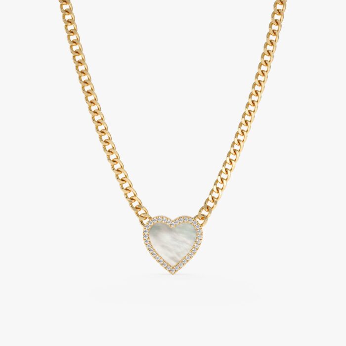 Pearl Heart & Diamond Cuban Chain Necklace