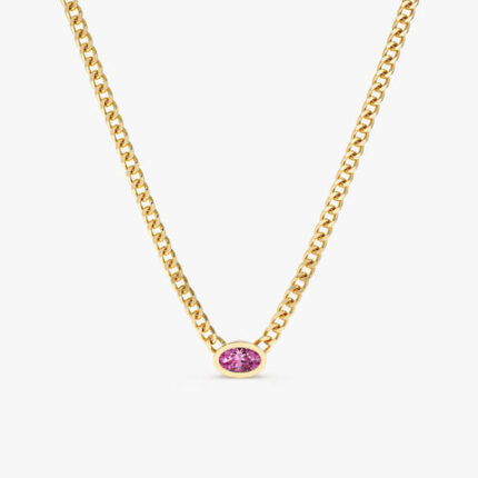 14K Solid Gold Pink Sapphire Cuban Chain Necklace
