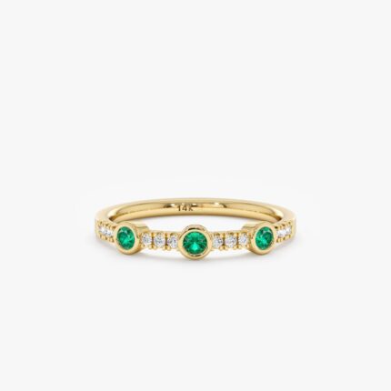 14K Solid Gold Diamond and Round Bezel Emerald Ring