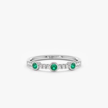 14K Solid Gold Diamond and Round Bezel Emerald Ring