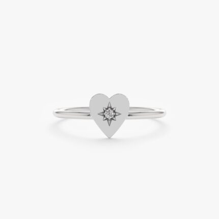 14K Solid Gold Natural Diamond Starburst Heart Ring