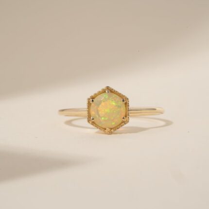 14K Solid Gold Hexagon Opal Ring