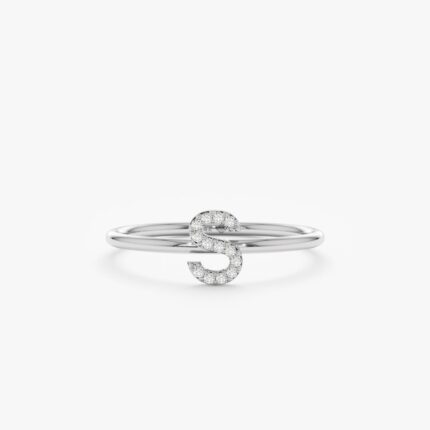14K Solid Gold Mini Natural Diamond Initial Ring