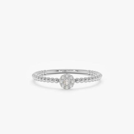 14K Solid Gold Petite Natural Diamond Flower Beaded Band