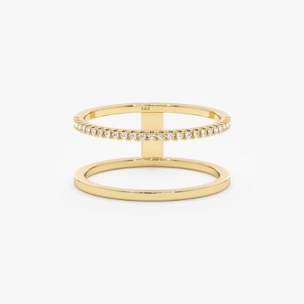 14K Solid Gold Plain and Natural Diamond Line Ring