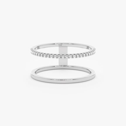 14K Solid Gold Plain and Natural Diamond Line Ring