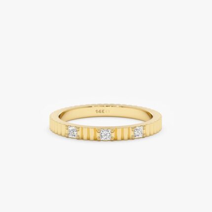 14K Solid Gold Natural Diamond Ribbed Ring