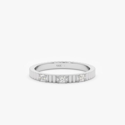 14K Solid Gold Natural Diamond Ribbed Ring