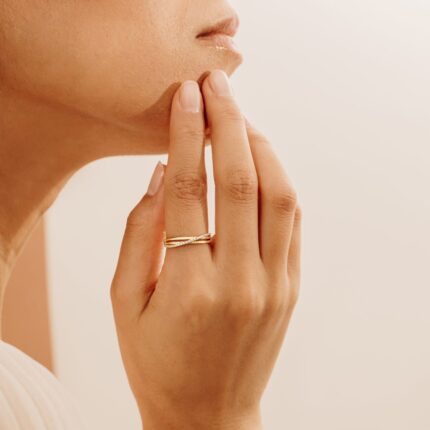 14K Solid Gold Three Line Natural Diamond Crossover Ring