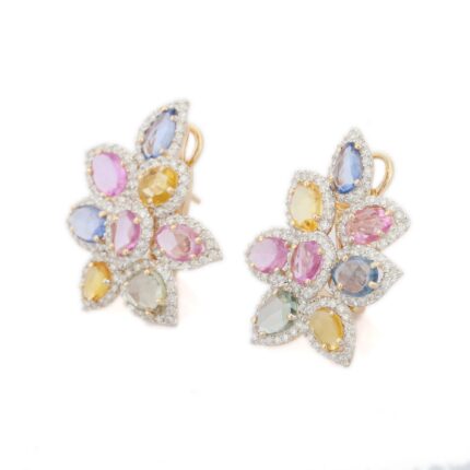 14K Solid Gold Floral Multi Sapphire Diamond Earrings