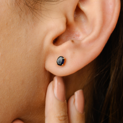14K Solid Gold Blue Sapphire Oval Studs
