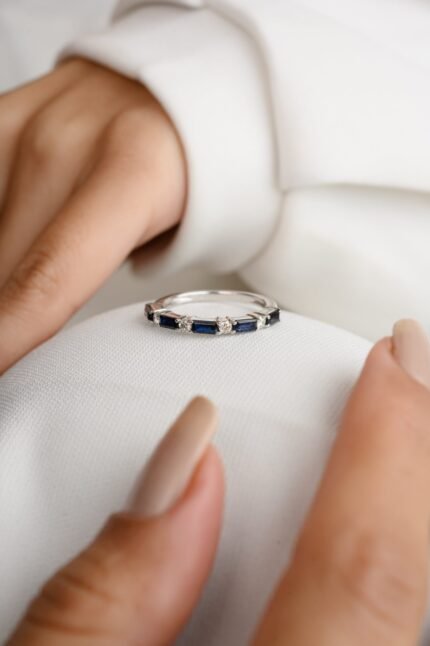 14K Solid Gold Blue Sapphire Diamond Band