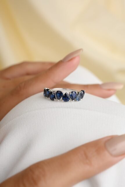 14K Solid Gold Pear Cut Blue Sapphire Ring