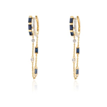 18k Solid Gold Blue Sapphire Diamond Dangling Chain Earrings