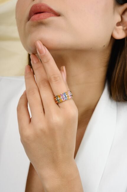 14K Solid Gold Multi Sapphire Diamond Wide Band Ring