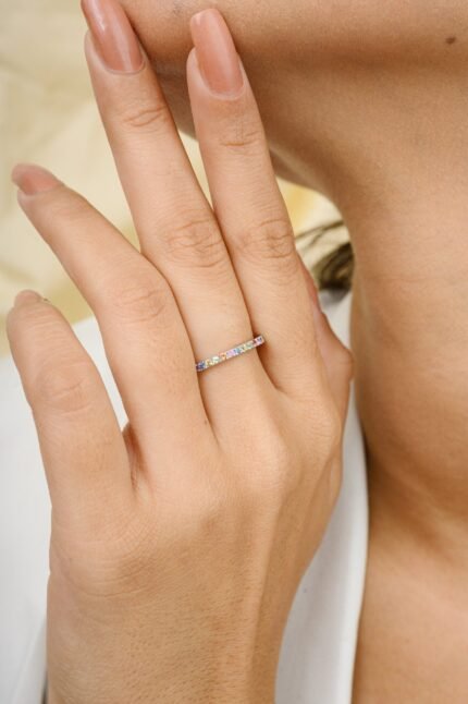 14K Solid Gold Dainty Multi Sapphire Eternity Band