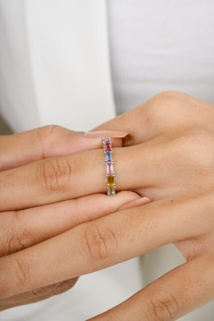 14K Solid Gold Multi Sapphire Half Eternity Band