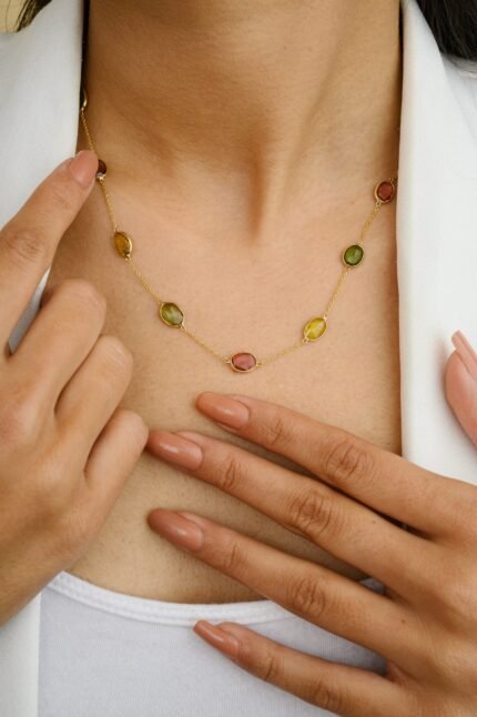 14K Solid Gold Tourmaline Gemstone Station Necklace
