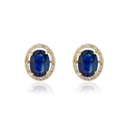 18k Solid Gold Blue Sapphire Halo Diamond Stud Earrings