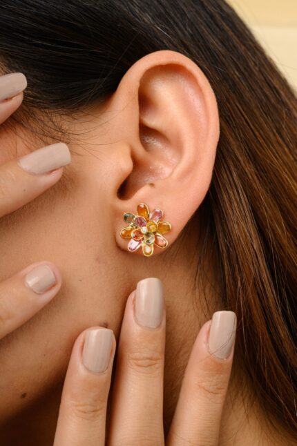14K Solid Gold Multi Sapphire Floral Stud