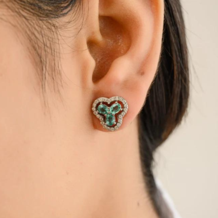 14K Solid Gold Trinity Emerald Halo Diamond Studs