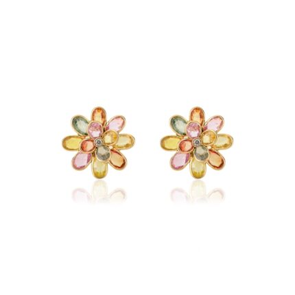 14K Solid Gold Multi Sapphire Floral Stud