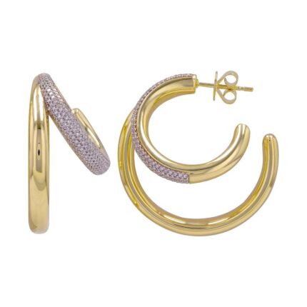14K Gold Lab Grown Diamond Double Line Open Hoop Earrings