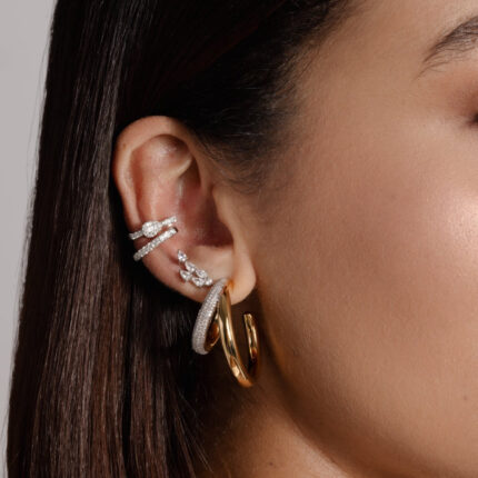 14K Gold Lab Grown Diamond Double Line Open Hoop Earrings