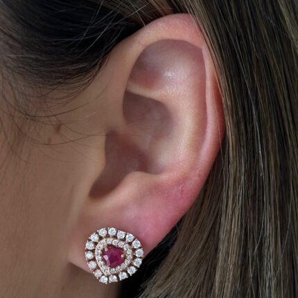 14K Solid Gold Diamond Ruby Heart Earrings