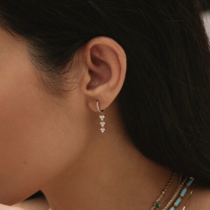 14K Gold Lab Grown Diamond Large Trio Drop Hoop Earring