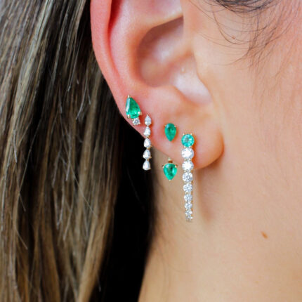 14K Solid Gold Diamond Pear Shaped Emerald Stud Earring