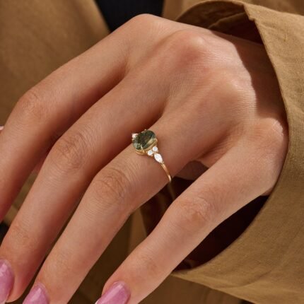 14K Solid Gold Moss Agate Engagement Ring