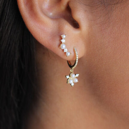 14K Gold Lab Grown Diamond Pearl Cluster Drop Hoop Earring