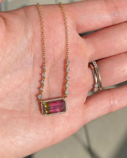 14K Solid Gold Watermelon Tourmaline Diamond Necklace