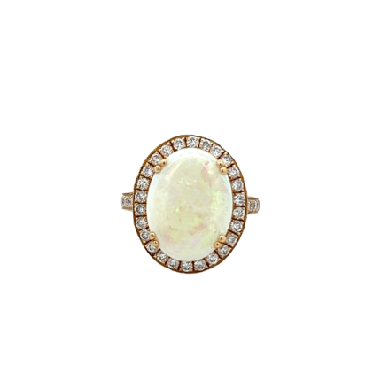 14K Solid Gold Round Cut Diamond And Opal Ring
