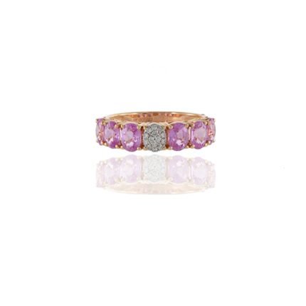 14K Solid Gold Pink Sapphire and Diamond Band