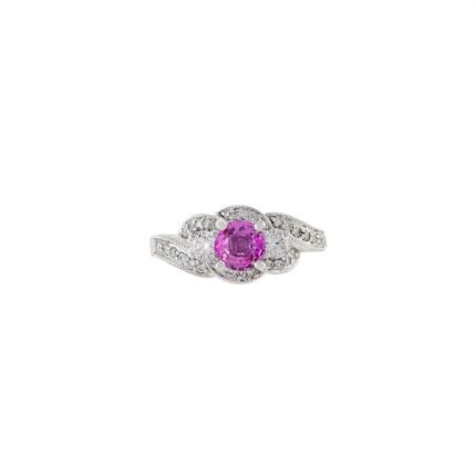 14K Solid Gold Pink Sapphire and Diamond Swirl Ring