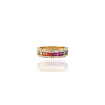 14K Solid Gold Multi Colored Sapphire and Diamond Band