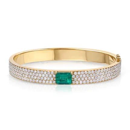 14K Solid Gold Pave Diamond Oval Bracelet With Emerald Center Stone